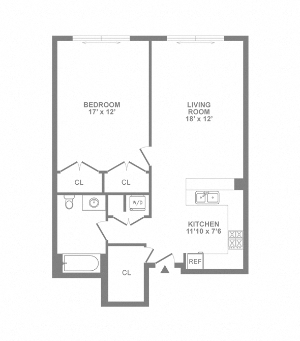 Floor plan for 1 bed, 1 bath, 794 sqft