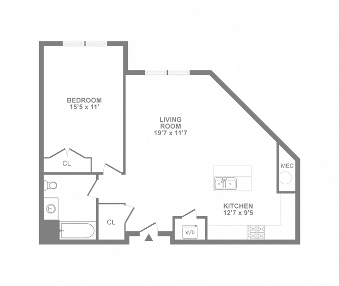 Floor plan for 1 bed, 1 bath, 733 sqft