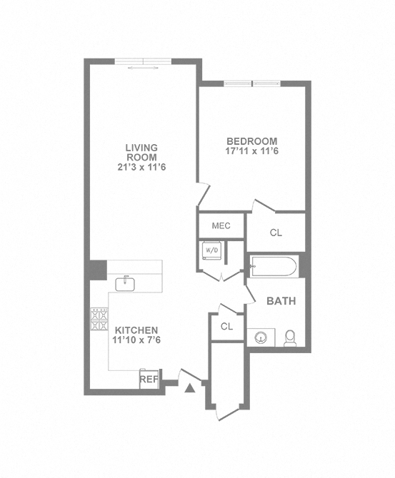 Floor plan for 1 bed, 1 bath, 777 sqft