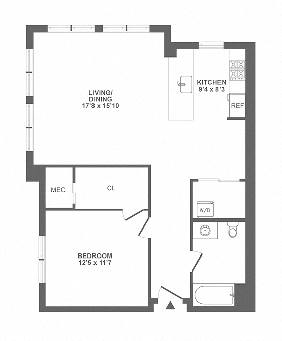 Floor plan for 1 bed, 1 bath, 926 sqft
