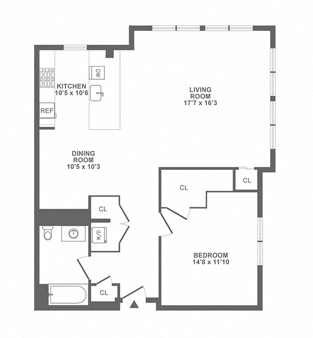 Floor plan for 1 bed, 1 bath, 973 sqft