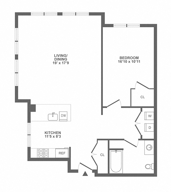 Floor plan for 1 bed, 1 bath, 975 sqft