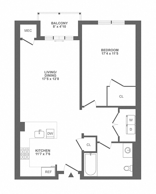 Floor plan for 1 bed, 1 bath, 836 sqft