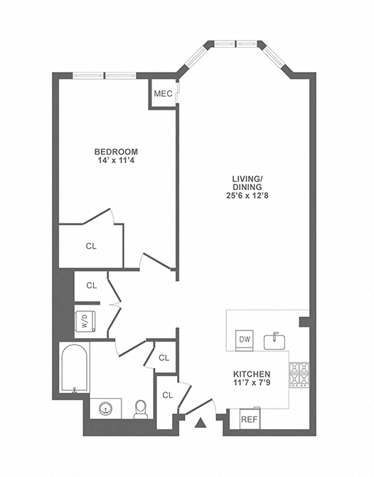 Floor plan for 1 bed, 1 bath, 914 sqft