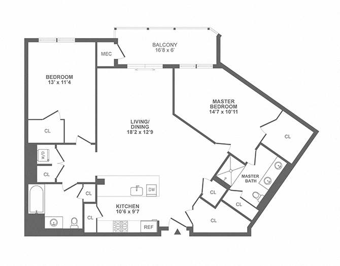 Floor plan for 2 beds, 2 baths, 1329 sqft