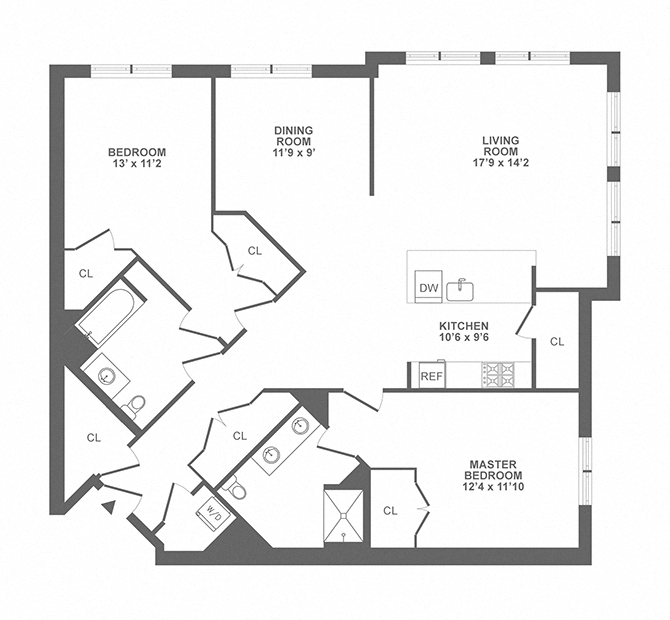 Floor plan for 2 beds, 2 baths, 1535 sqft