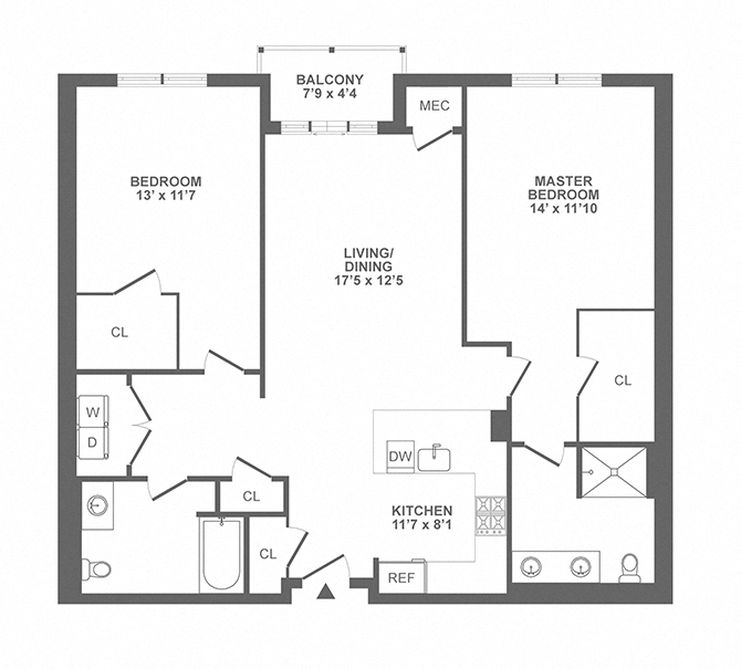 Floor plan for 2 beds, 2 baths, 1246 sqft