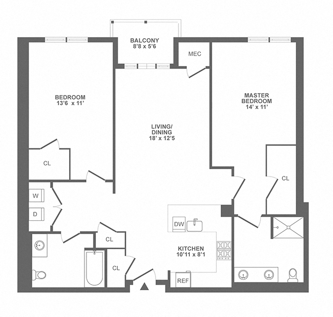 Floor plan for 2 beds, 2 baths, 1264 sqft