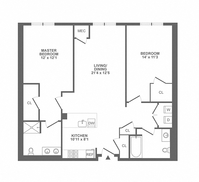 Floor plan for 2 beds, 2 baths, 1269 sqft