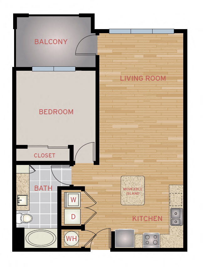 Floor plan for 1 bed, 1 bath, 758 sqft