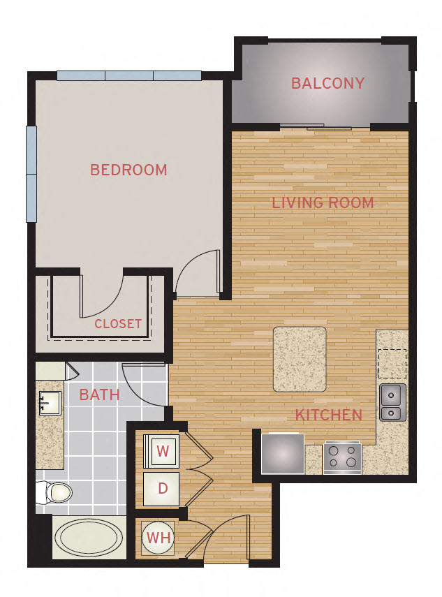Floor plan for 1 bed, 1 bath, 733 sqft