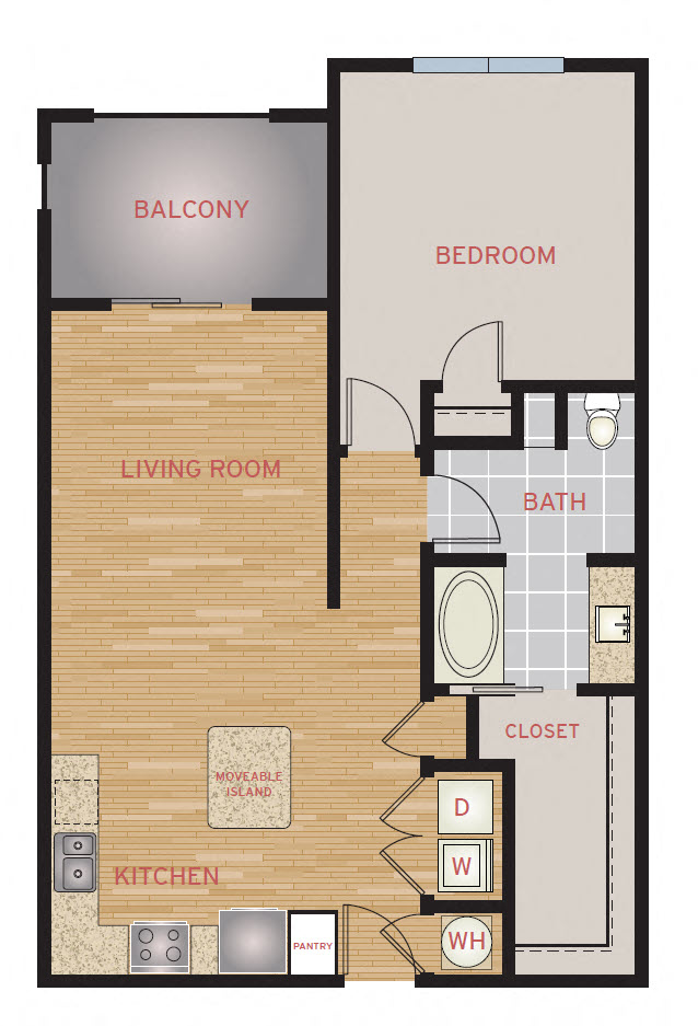 Floor plan for 1 bed, 1 bath, 885 sqft