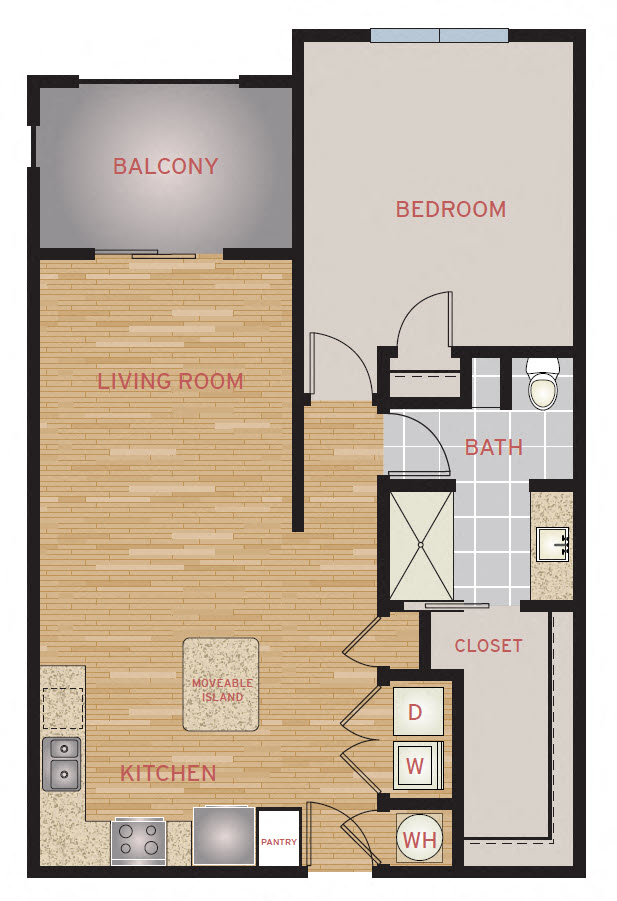 Floor plan for 1 bed, 1 bath, 865 sqft