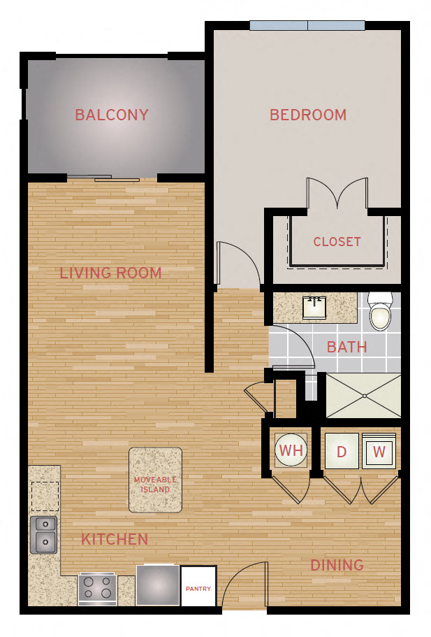 Floor plan for 1 bed, 1 bath, 865 sqft