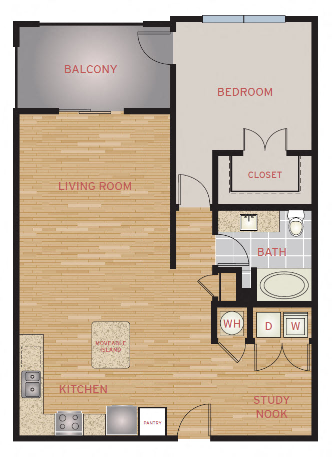 Floor plan for 1 bed, 1 bath, 950 sqft