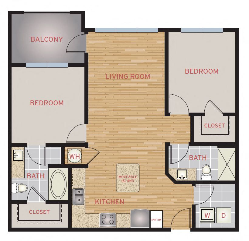 Floor plan for 2 beds, 2 baths, 1000 sqft