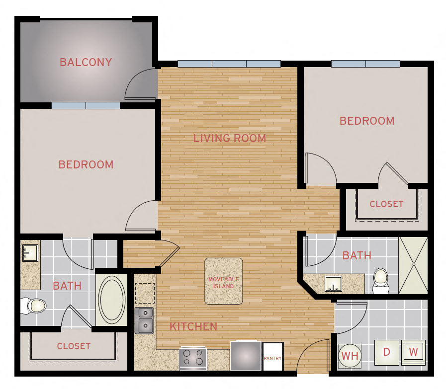 Floor plan for 2 beds, 2 baths, 1078 sqft