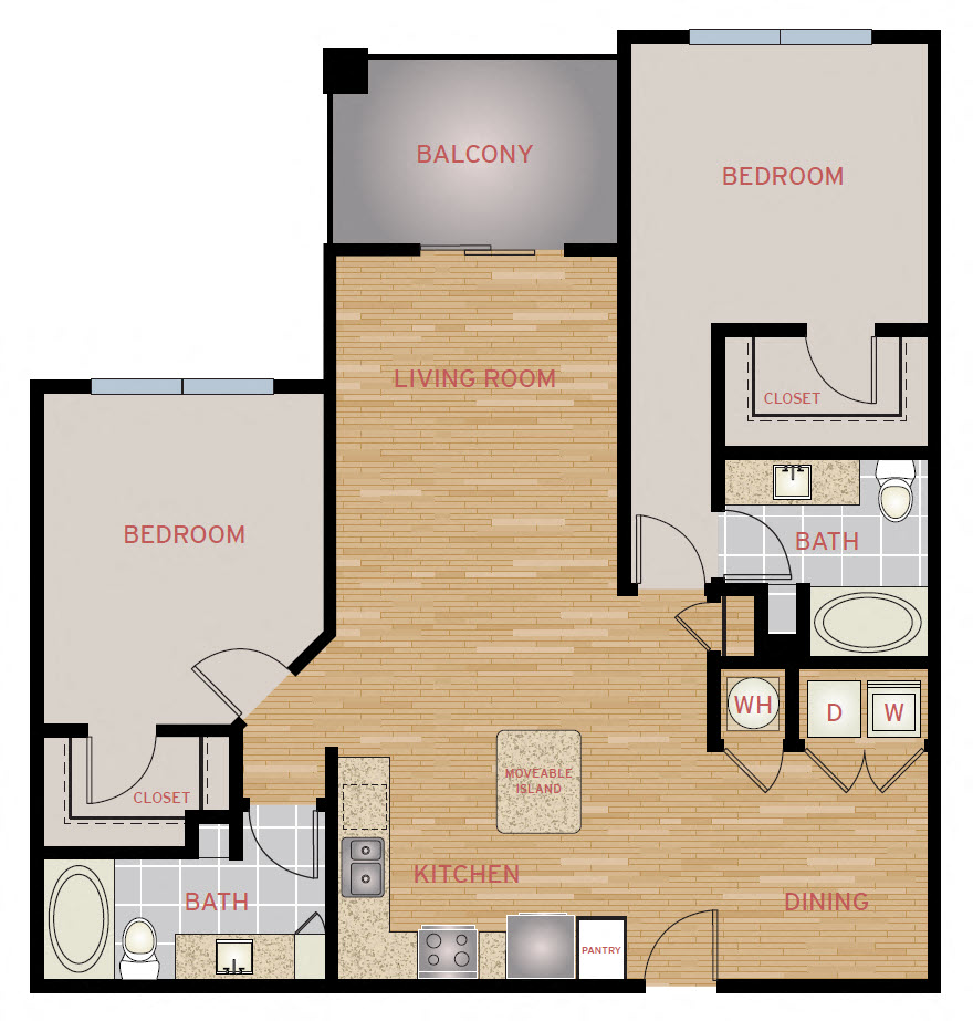 Floor plan for 2 beds, 2 baths, 1215 sqft
