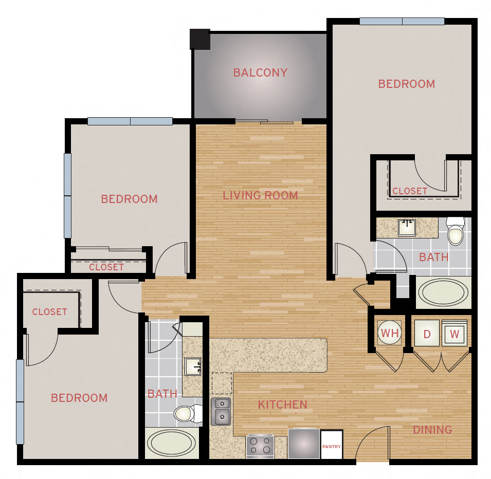 Floor plan for 3 beds, 2 baths, 1320 sqft
