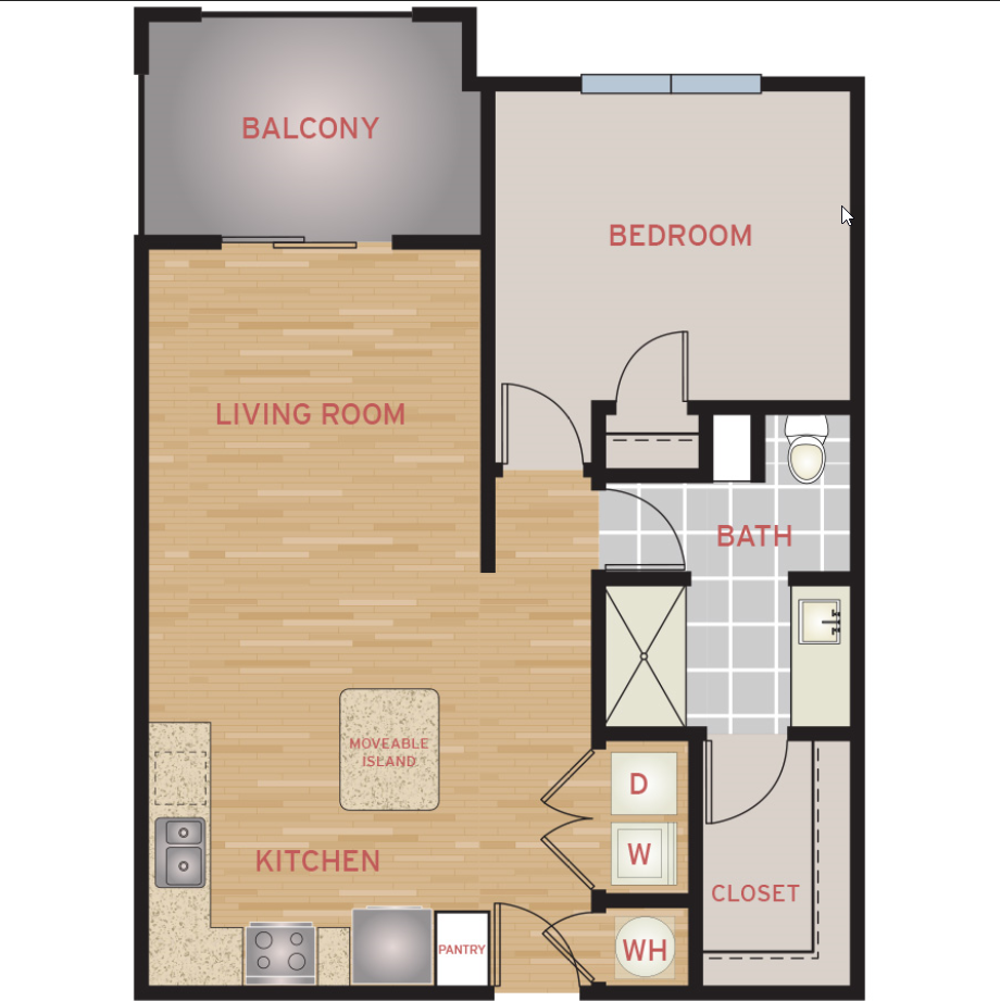 Floor plan for 1 bed, 1 bath, 741 sqft