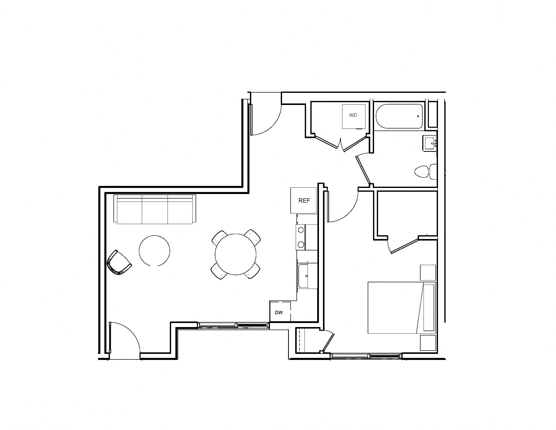Floor plan for 1 bed, 1 bath, 557 sqft