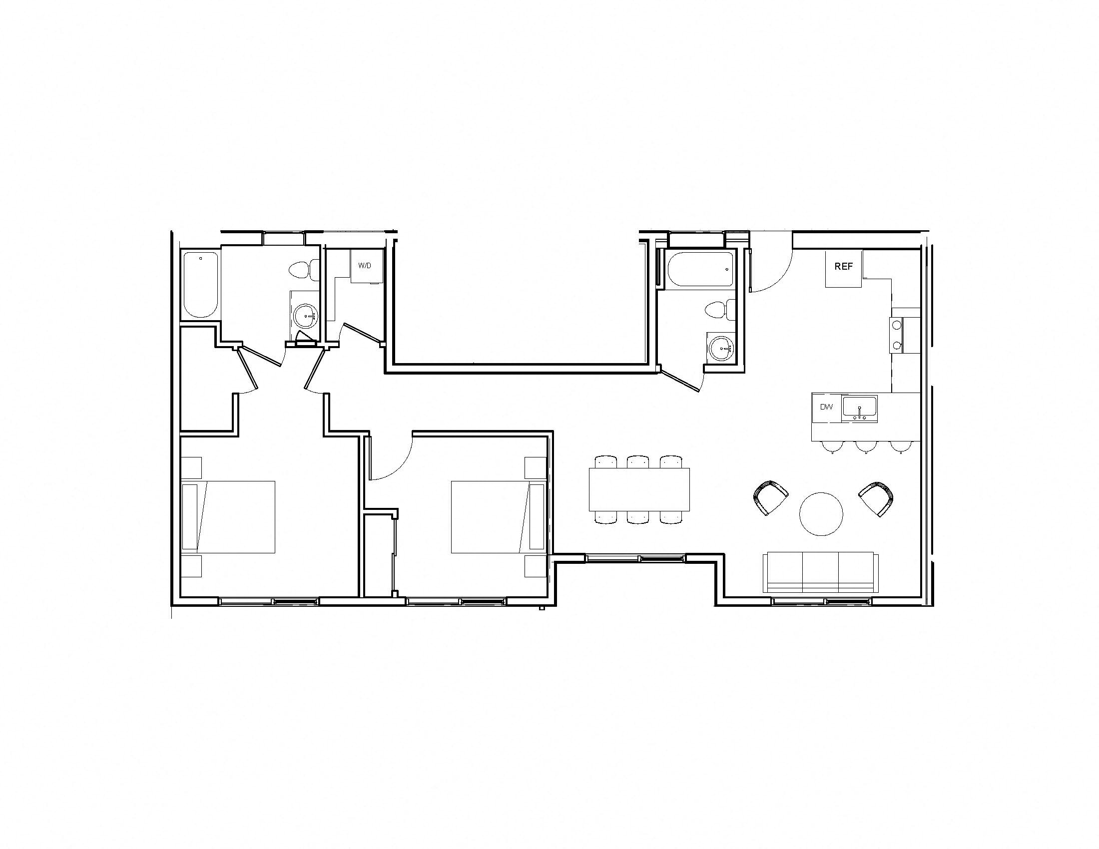 Floor plan for 2 beds, 2 baths, 845 sqft