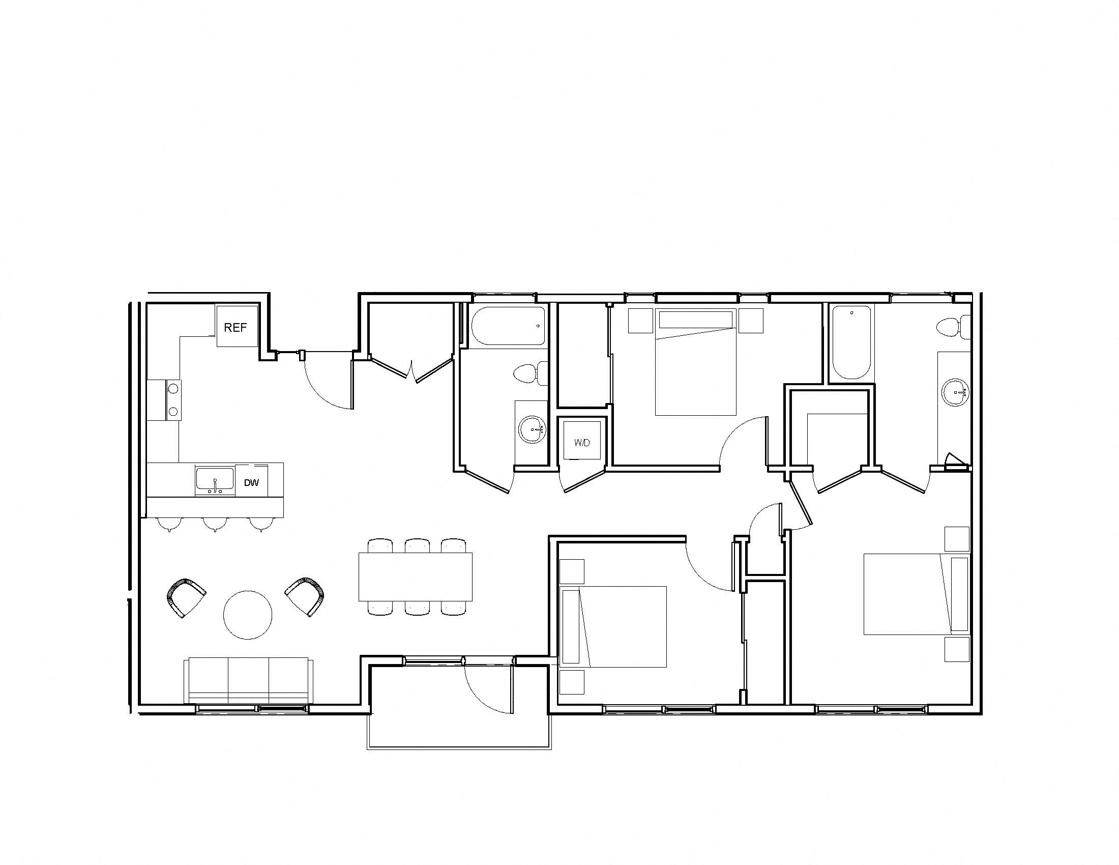 Floor plan for 3 beds, 2 baths, 1355 sqft