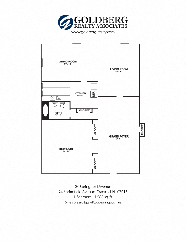 Floor plan for 1 bed, 1 bath, 1088 sqft