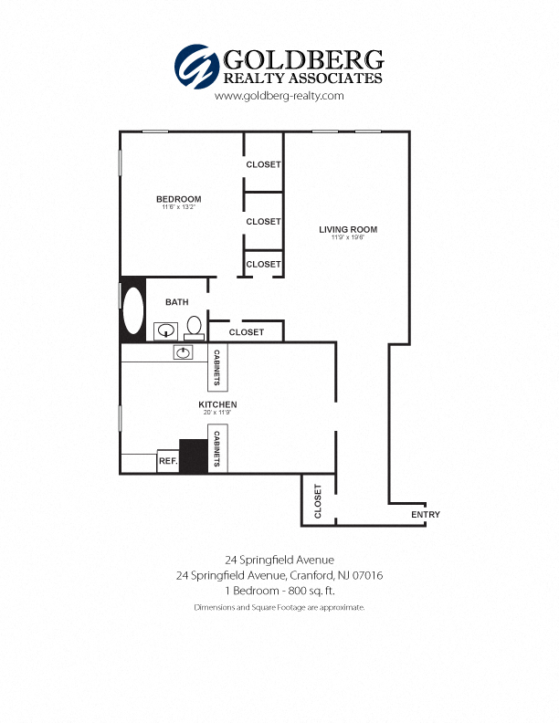 Floor plan for 1 bed, 1 bath, 800 sqft