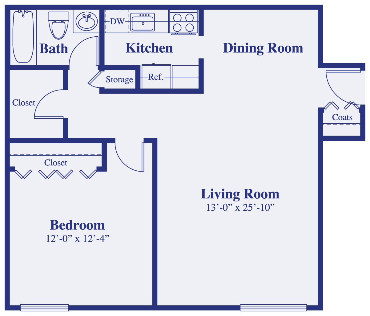Floor plan for 1 bed, 1 bath, 750 sqft