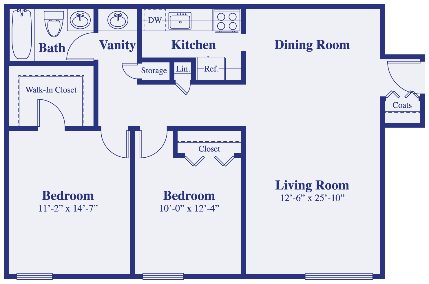 Floor plan for 2 beds, 1 bath, 1050 sqft