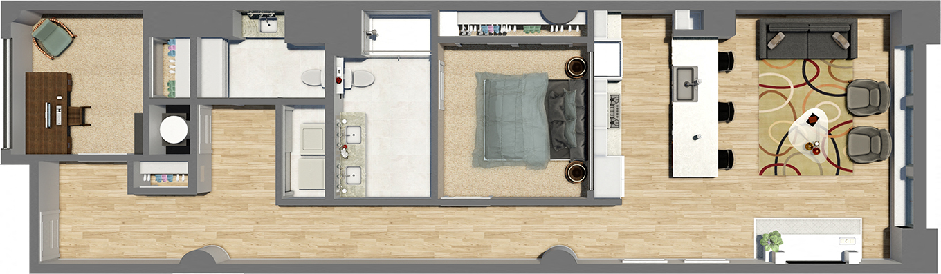 Floor plan for 1 bed, 1.5 baths, 1150 sqft