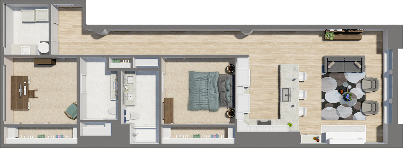 Floor plan for 2 beds, 1.5 baths, 1415 sqft