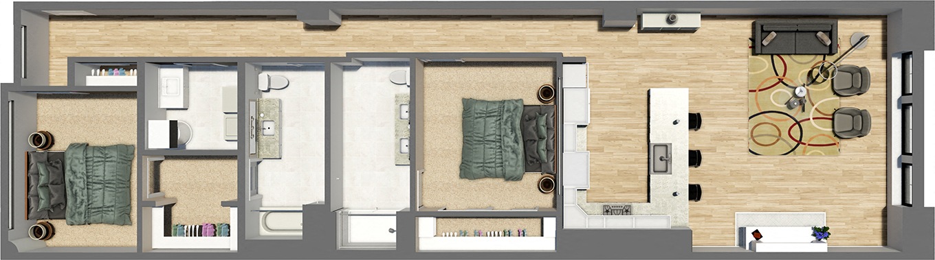 Floor plan for 2 beds, 2 baths, 1535 sqft