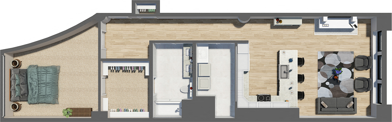 Floor plan for 1 bed, 1 bath, 1180 sqft