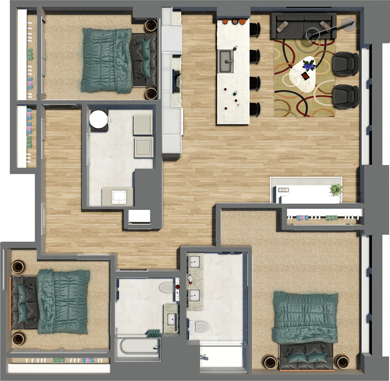 Floor plan for 3 beds, 2 baths, 1495 sqft