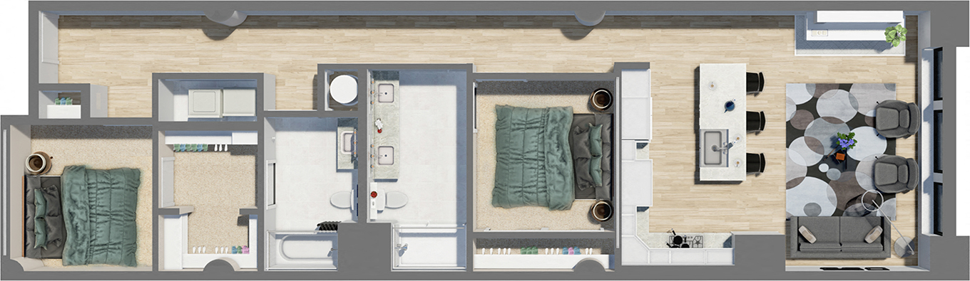 Floor plan for 2 beds, 2 baths, 1155 sqft