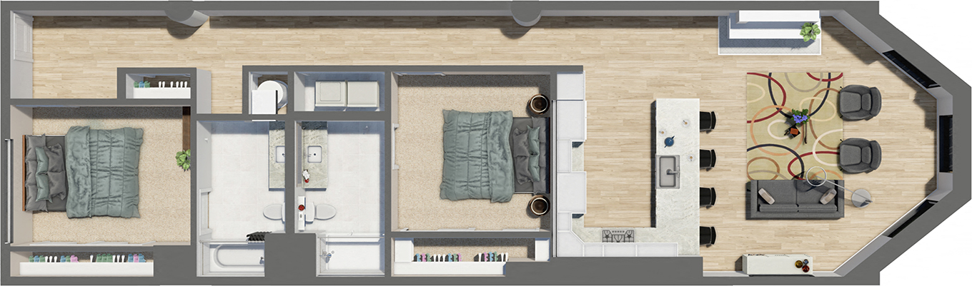 Floor plan for 2 beds, 2 baths, 1360 sqft