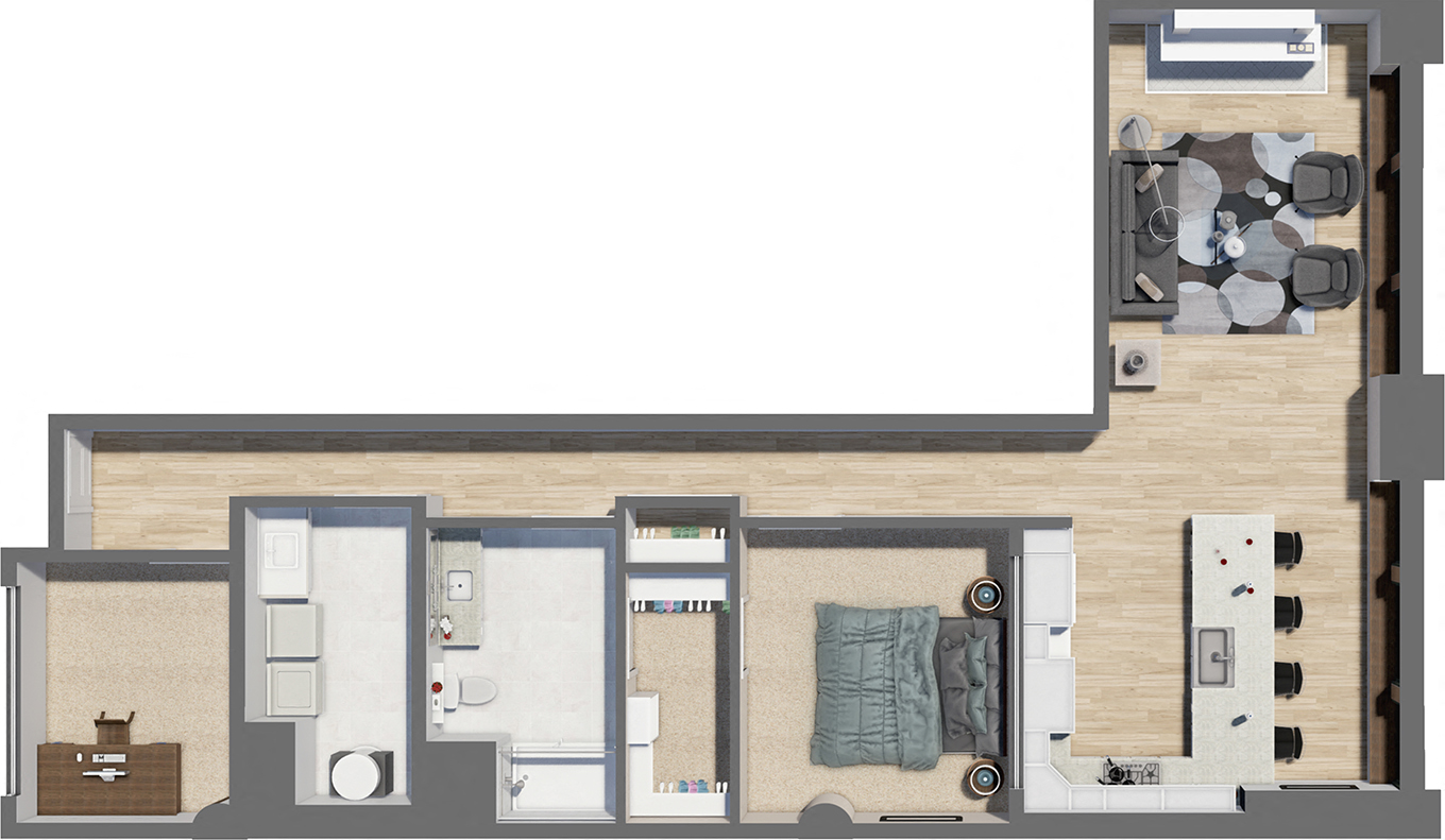 Floor plan for 1 bed, 1 bath, 1210 sqft