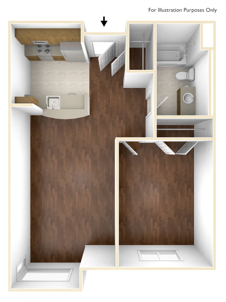 Floor plan for 1 bed, 1 bath, 619 sqft