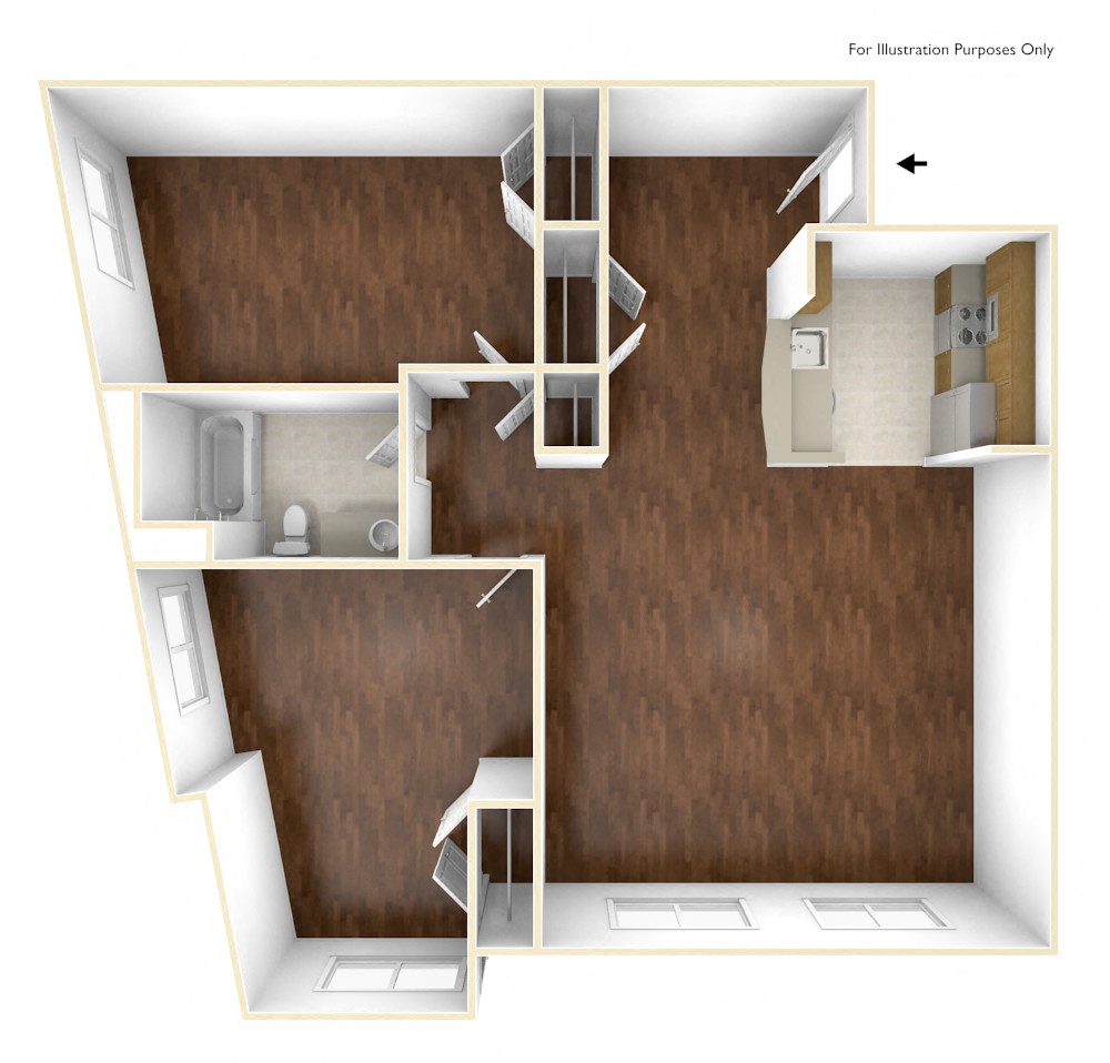 Floor plan for 2 beds, 1 bath, 847 sqft
