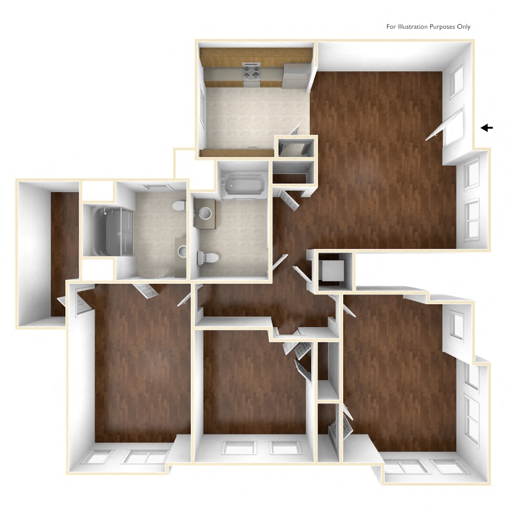 Floor plan for 3 beds, 2 baths, 1304 sqft