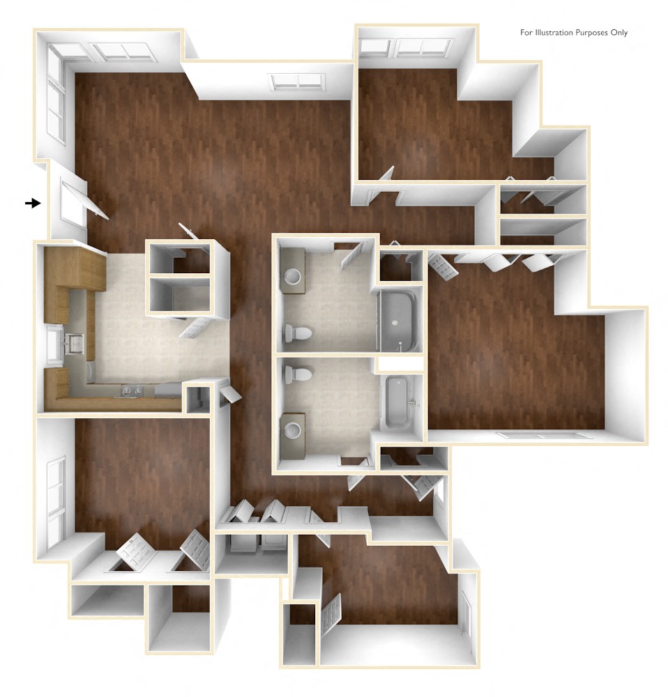 Floor plan for 4 beds, 2 baths