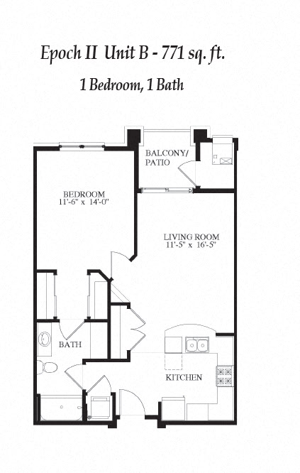 Floor plan for 1 bed, 1 bath, 771 sqft