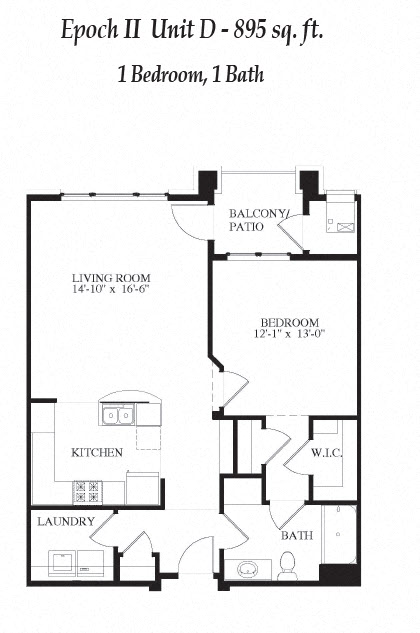 Floor plan for 1 bed, 1 bath, 895 sqft