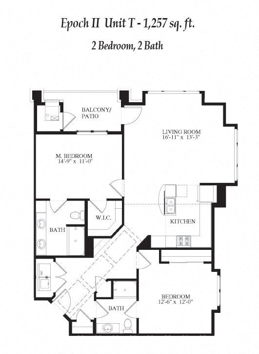 Floor plan for 2 beds, 2 baths, 1257 sqft
