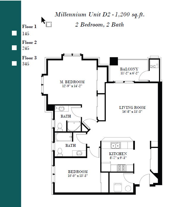 Floor plan for 2 beds, 2 baths, 1200 sqft