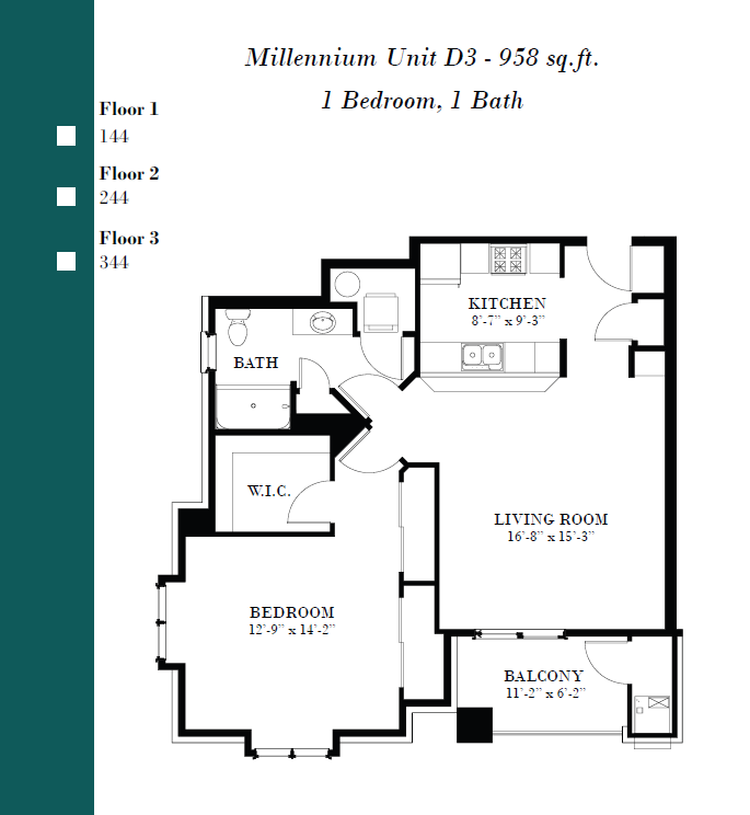 Floor plan for 1 bed, 1 bath, 958 sqft