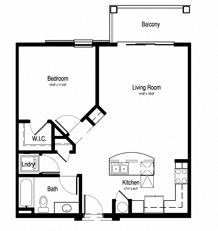 Floor plan for 1 bed, 1 bath, 791 sqft