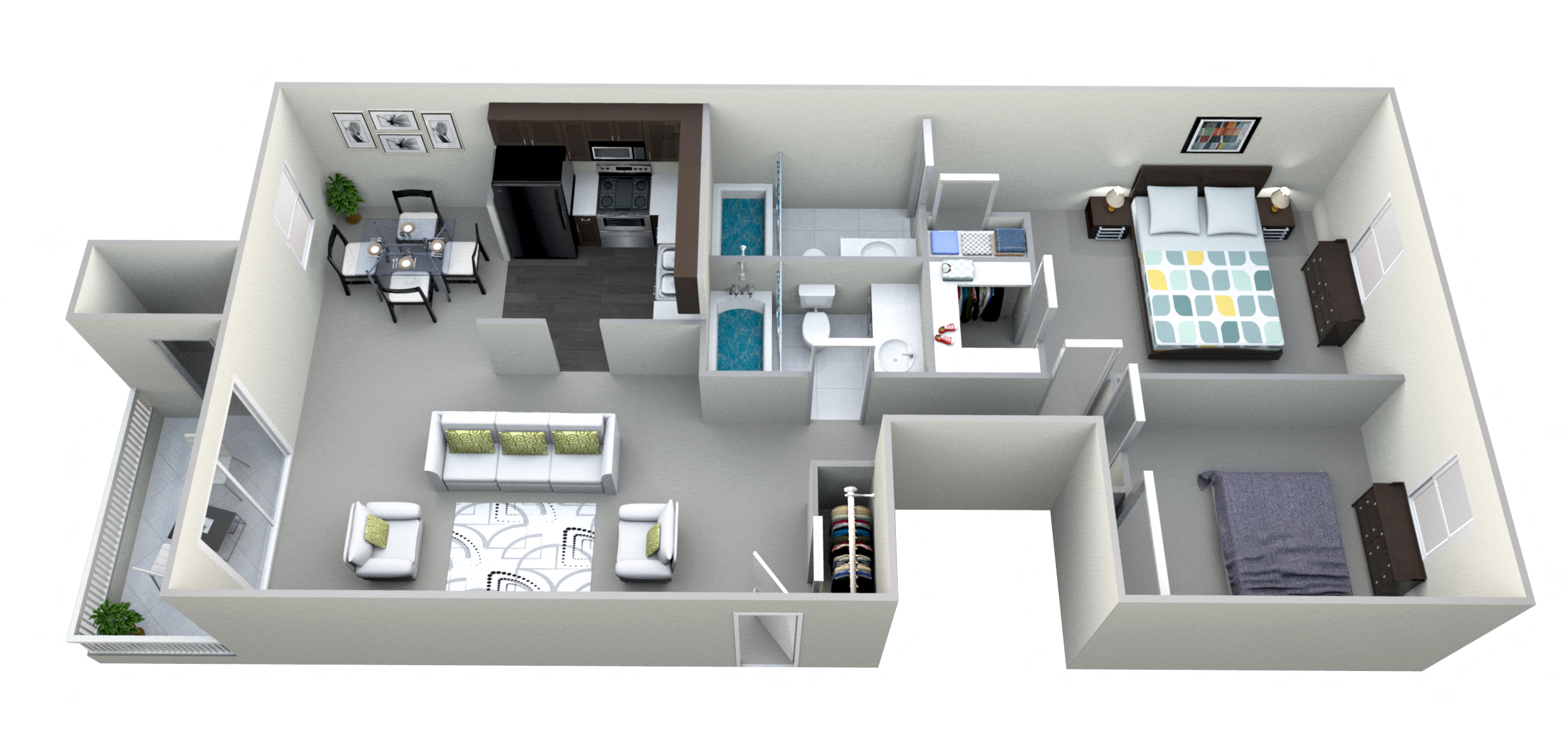 Floor plan for 2 beds, 2 baths, 1076 sqft